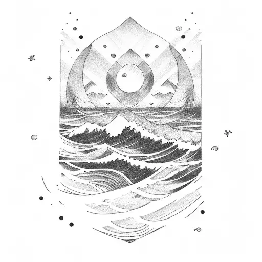 ocean waves with sunset and stary night sky sleeve tattoo design idea