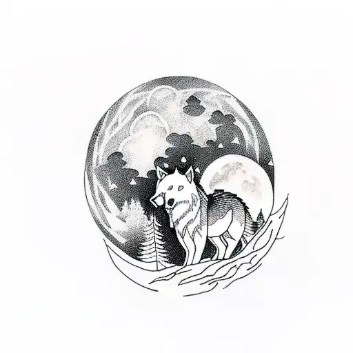 A mystical forest with a wolf howling at the moon, while a bear and deer peacefully graze nearby tattoo design idea