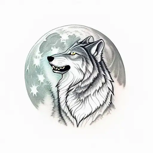 A wolf howling at the moon over a tranquil lake nestled among trees tattoo design idea