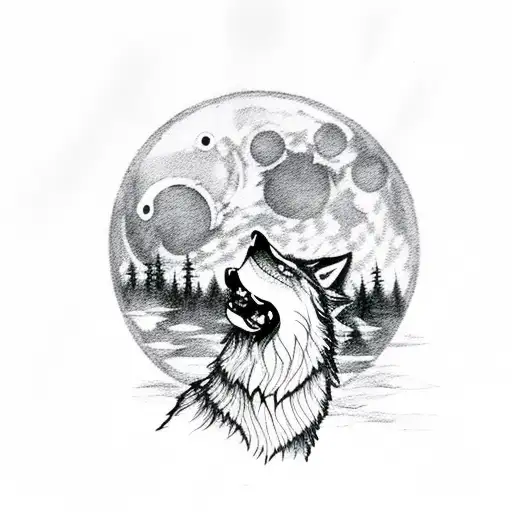 A wolf howling at the moon over a tranquil lake nestled among trees tattoo design idea