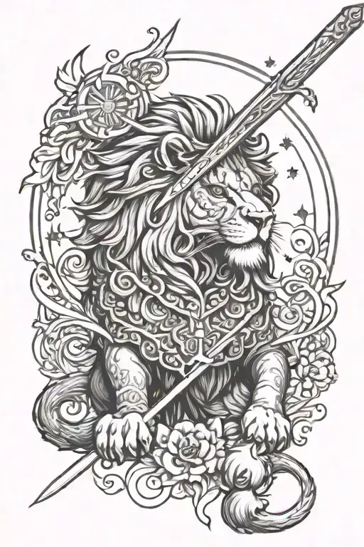 Persian lion Filipino sun aggressive lion sword stars tattoo design idea