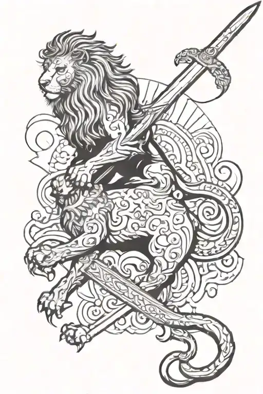 Persian lion Filipino sun aggressive lion sword stars tattoo design idea