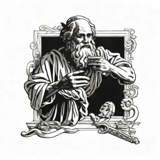 socrates and Plato discussing with Greek tools on their hands tattoo design idea