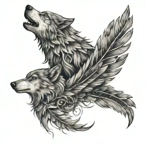 Feathers intertwined with wolf silhouettes in a parchment scroll design tattoo design idea