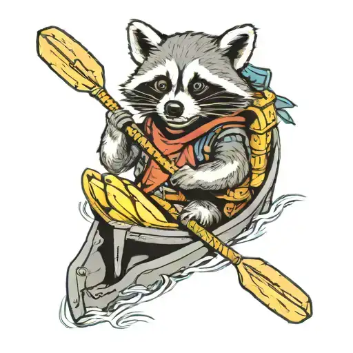 raccoon wearing a backpack in a canoe full of bananas  tattoo design idea