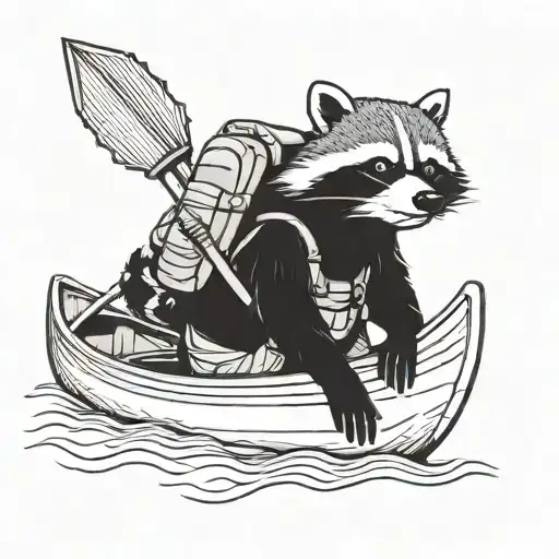 a cartoon raccoon wearing a backpack in a canoe full of bananas tattoo design idea
