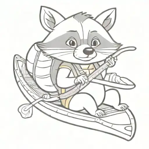 cartoon raccoon in a canoe wearing a backpack holding a banana tattoo design idea