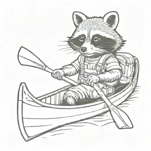 cartoon raccoon in a canoe wearing a backpack holding a banana tattoo design idea