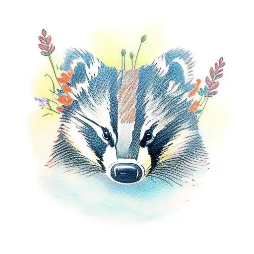 A traditional tattoo of a badger surrounded by British wildflowers, paying homage to the wildlife of Cornwall tattoo design idea