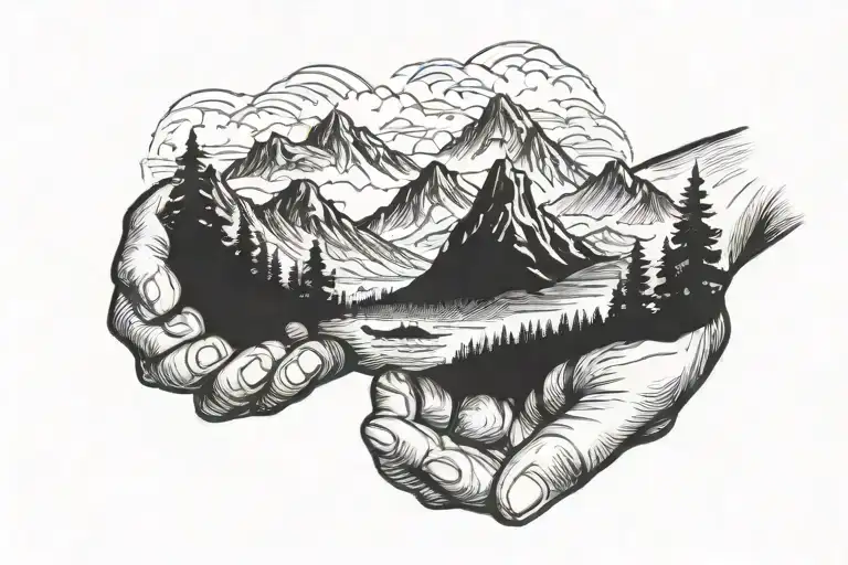 mountain scene around wrist, closed end next to hand tattoo design idea