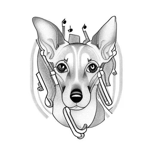 A blackwork tattoo of a greyhound surrounded by musical notes tattoo design idea