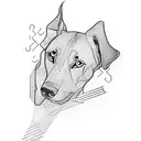 A black tattoo made with lines, without filling, in the shape of a greyhound surrounded by musical notes. tattoo design idea
