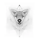 A black tattoo made with lines, without filling, in the shape of a greyhound surrounded by musical notes. tattoo design idea