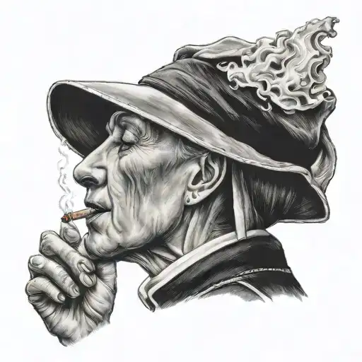 nun with cigarette in hand exhaling smoke tattoo design idea
