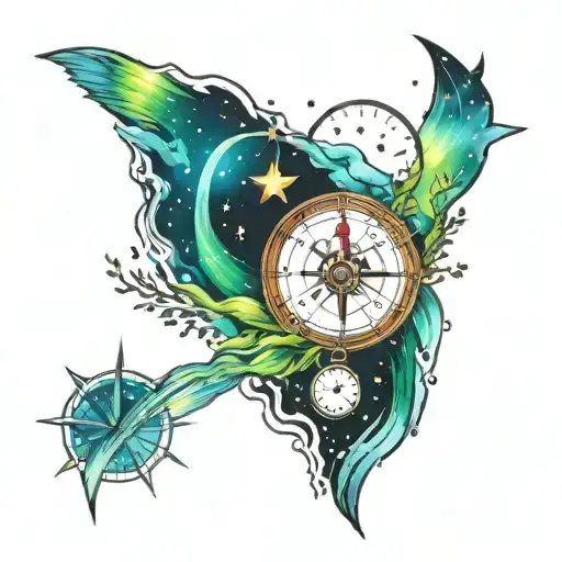 aurora borealis, stars, space, river, time , compass  tattoo design idea