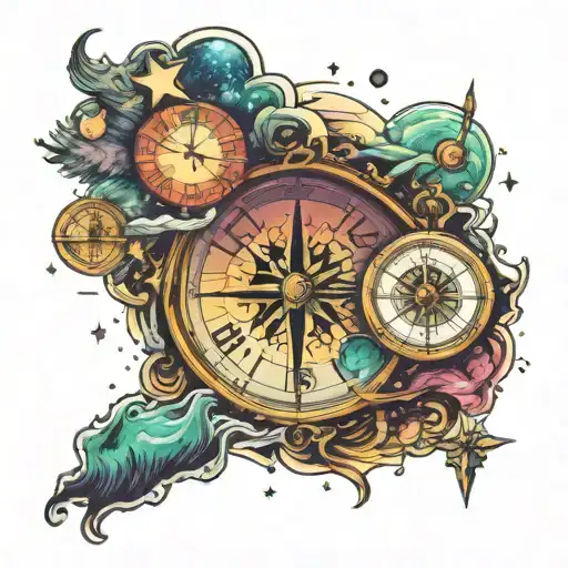 aurora borealis, stars, space, river, time , compass  tattoo design idea