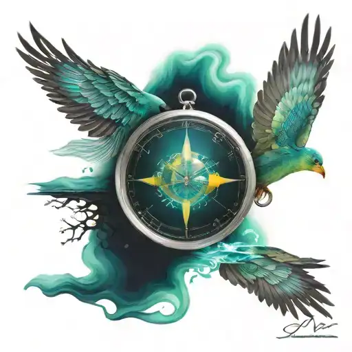 aurora borealis, stars, space, river, time , compass  tattoo design idea