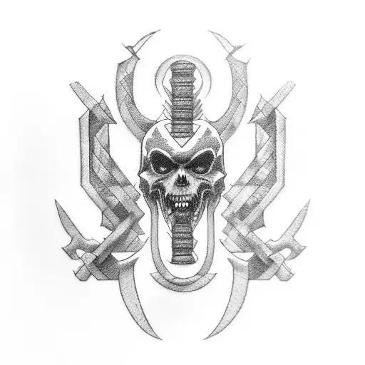 a centepide who is crawling in a straight line. two katanas stab it from both sides. its very symmetrical  tattoo design idea