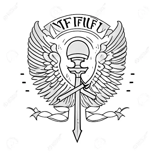 Sword with angel wings and the quote "omnia cause fiunt" tattoo design idea