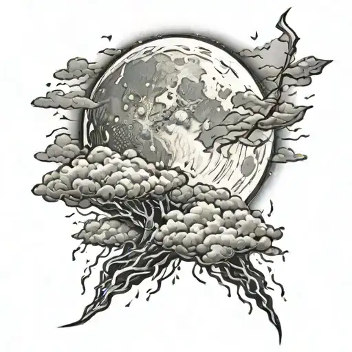 full moon, with rain, lightning and clouds tattoo design idea