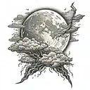 full moon, with rain, lightning and clouds tattoo design idea