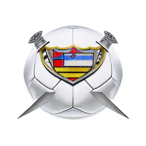An artistic representation of a sword and shield crossed over a football, symbolizing the client's love for both football and medieval weaponry tattoo design idea