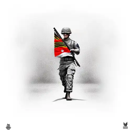 Create a realistic portrait of a soldier holding the Flamengo flag tattoo design idea