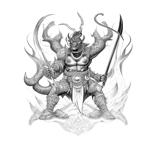 A fierce demon warrior engaged in battle with a mythical creature tattoo design idea