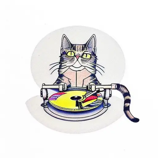 Old school cat playing a vinyl record tattoo design idea