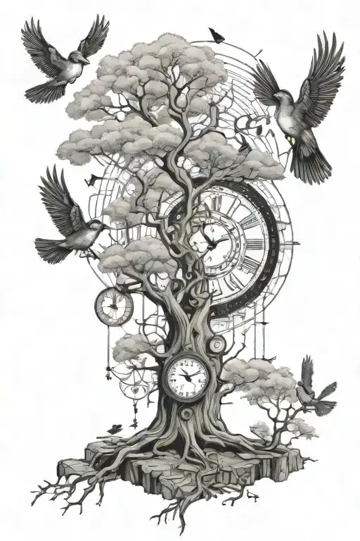 Large tree with 2 birds flying and scientific sketching with a clock set to 6 and 3 tattoo design idea
