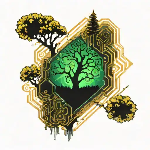 circuit board and tree silhouette tattoo design idea