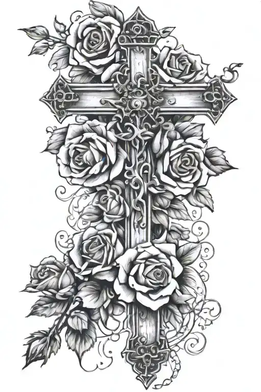 cross and rosary with roses tattoo design idea