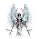 archangel with long sword and a pergament tattoo design idea
