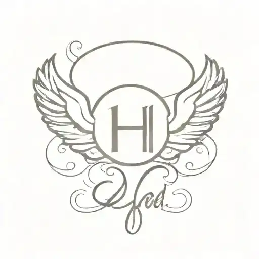 halo and angel wings with a cursive H in between the wings  tattoo design idea