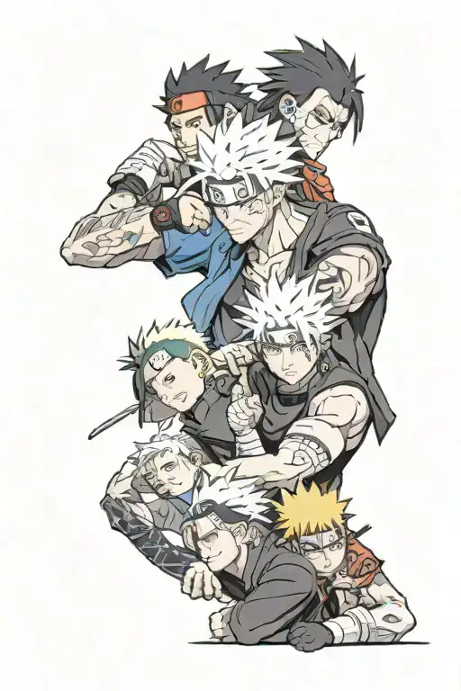 Tattoos on the arm with Satoru Gojo (Jujutsu Kaisen), Kakashi Hatake (Naruto), Madara Uchiha (Naruto), Yoriichi Tsugikuni (Demon tattoo design idea
