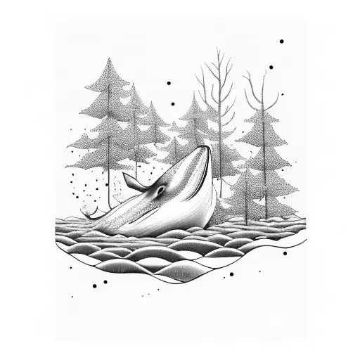A majestic whale swimming through a forest of underwater trees tattoo design idea