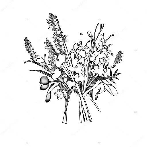 a bouquet of Iris, violet, gladiolus and poppy, Hawthorn and Lily of the Valley, roses and honeysuckle tattoo design idea