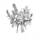 a bouquet of Iris, violet, gladiolus and poppy, Hawthorn and Lily of the Valley, roses and honeysuckle tattoo design idea