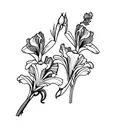 a bouquet of Iris, violet, gladiolus and poppy, Hawthorn and Lily of the Valley, roses and honeysuckle tattoo design idea