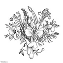 a bouquet of Iris, violet, gladiolus and poppy, Hawthorn and Lily of the Valley, roses and honeysuckle tattoo design idea