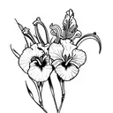 a bouquet of Iris, violet, gladiolus and poppy, Hawthorn and Lily of the Valley, roses and honeysuckle tattoo design idea