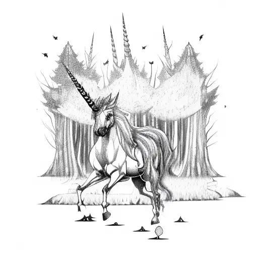 Mystical forest with bats glying up front swarming a unicorn corpse  tattoo design idea