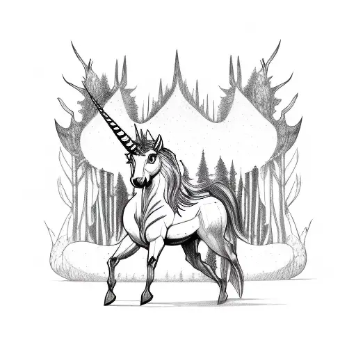 Mystical forest with bats glying up front swarming a unicorn corpse  tattoo design idea