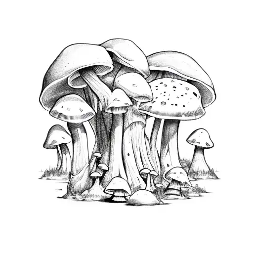 A mystical forest with mushroom-shaped mineshafts and bats flying overhead tattoo design idea