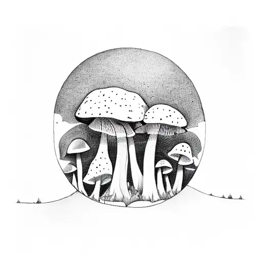 A mystical forest with mushroom-shaped mineshafts and bats flying overhead tattoo design idea