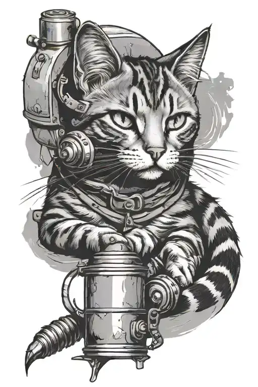stray cat sitting  with grenade tattoo design idea