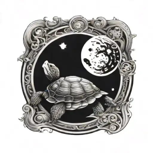  turtle with sun and moon in shell turn into circular tattoo design idea
