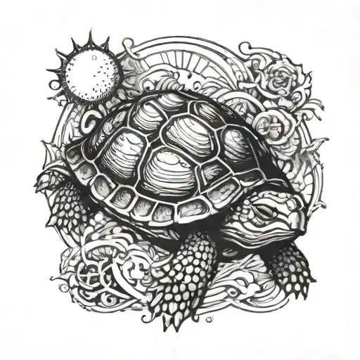 turtle with sun and moon in shell tattoo design idea