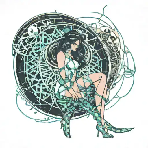 the moon where in the middle of it stands a girl in anime style in a lustful pose and in a swimsuit tattoo design idea