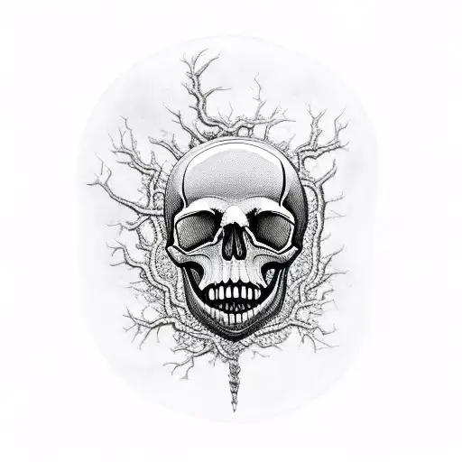 skull with hourglass between its teeth and a tree of life rooting from the above of the skull tattoo design idea